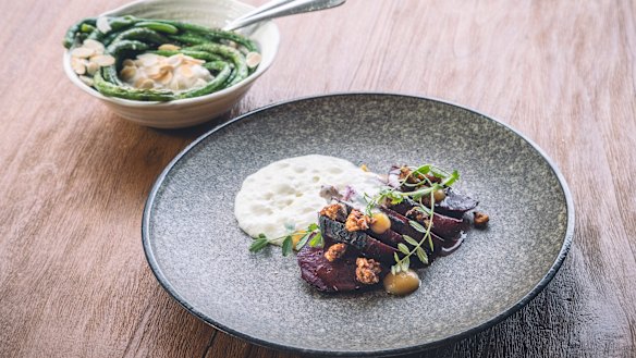 Roasted beetroot with walnuts and a side of snake beans.