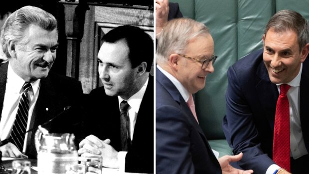 Bob Hawke and Paul Keating in 1985; Anthony Albanese and Jim Chalmers 38 years later.