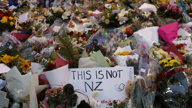 Flowers at a memorial in Christchurch for the victims of the mosque terrorist attacks.