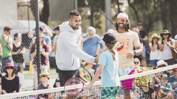 Nick Kyrgios raised more than $5000 for his foundation at a Kaleen tennis day on Saturday.