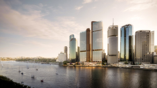 Waterfront Brisbane includes two towers of 49 and 43 floors on the Eagle Street Pier site.