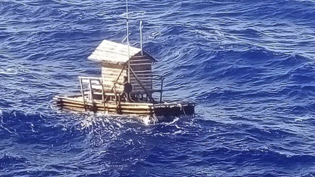 The wooden fish trap on which Aldi Novel Adilang spent 49 days adrift.