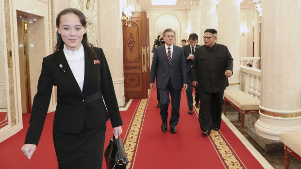 Kim Yo-jong, left, sister of the North Korean leader, walks ahead of South Korean President Moon Jae-in and Kim Jong-un. 