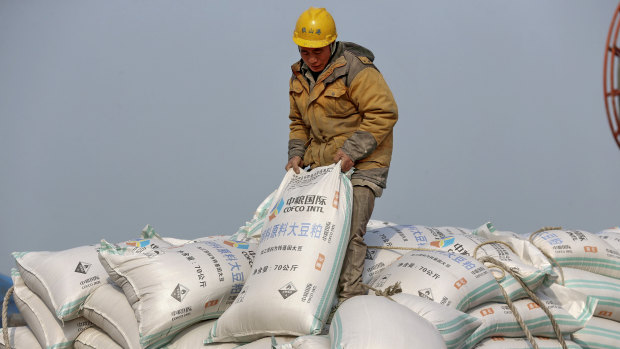 A worker in China's Jiangsu province unloads soy beans, one of hundreds of products to be slapped with tariffs.