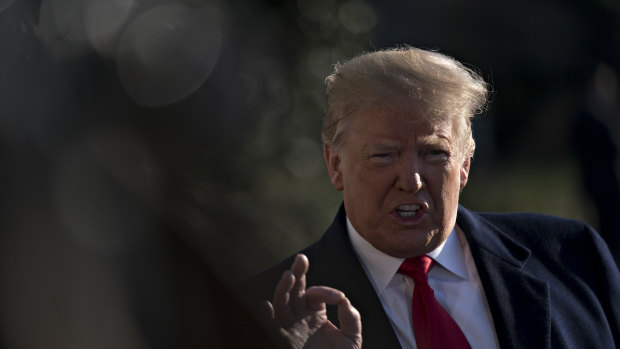 Donald Trump talks to the media on the South Lawn of the White House.