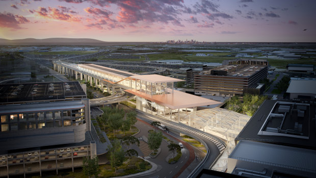 An artist’s impression of a proposed elevated rail station at Melbourne Airport when a new link to the CBD is built.