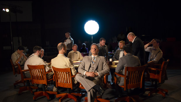 <i>12 Angry Men</i>: from left, Alex Hoskisson, Pat Gallagher, Glenn Brighenti, Martin Searles, Isaac Reilly, Geoffrey Borny, Rob de Fries, Colin Giles, Duncan Driver, Will Huang, Tony Turner, Cole Hilder.