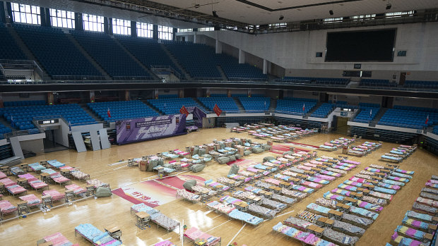 Beds are seen in a temporary hospital set up in the Hongshan Gymnasium in Wuhan in central China's Hubei Province.