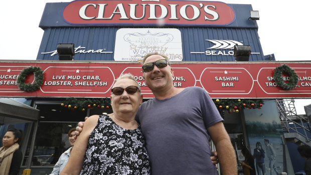 Jane and Paul Jones buying their Christmas seafood from Claudio's at Sydney Fish Market.