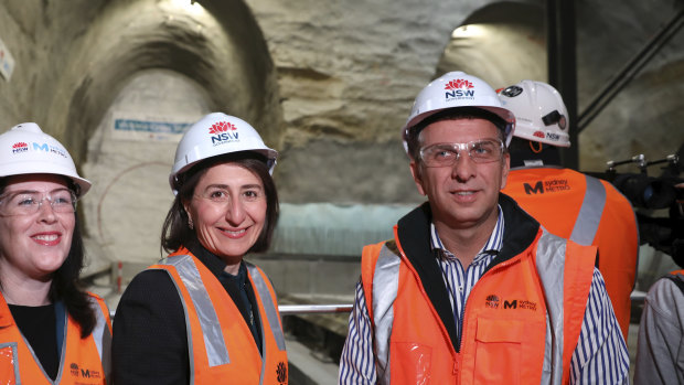 Premier Gladys Berejiklian and Transport Minister Andrew Constance at the site of a metro train station last year.