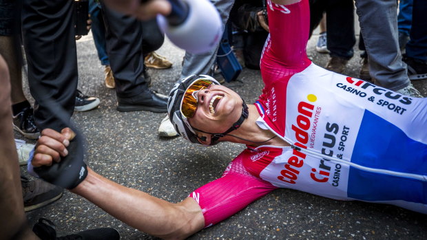 Dutch cyclist Mathieu van der Poel celebrates his Amstel Gold triumph.