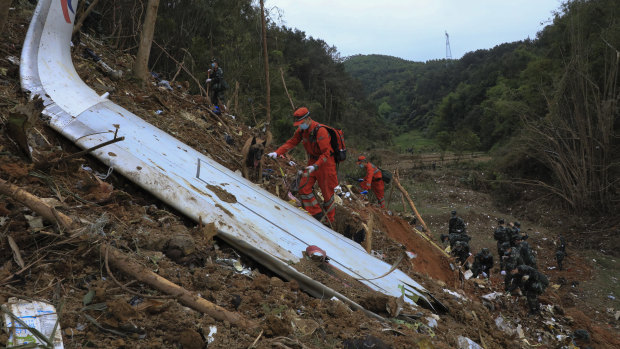 Emergency workers use sniffer dogs to search for the black box near the debris at the China Eastern flight crash site.