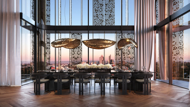 A penthouse dining room. 