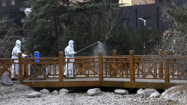 Workers in protective suits spray disinfectant near a residential area in Shijiazhuang.