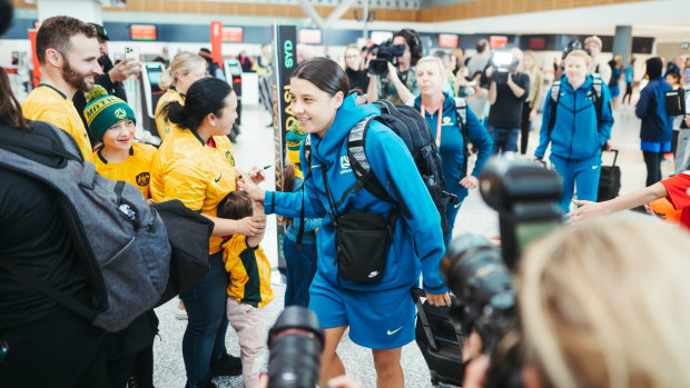 Sam Kerr returns to Sydney with the Matildas squad.