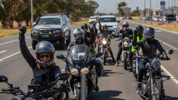 On the road: Some of the several hundred-strong army of women motorcyclists en route to Ballan.