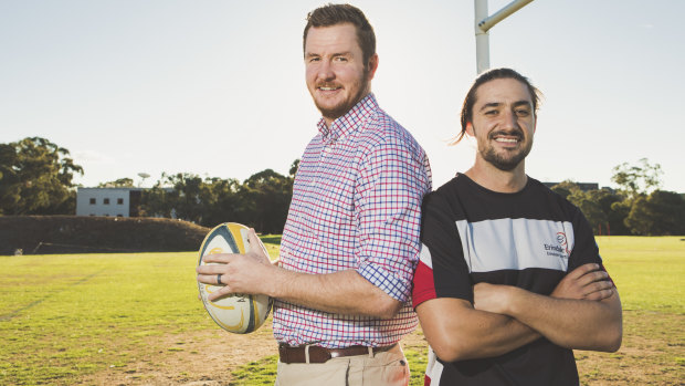 Assistant coach of Australian Schools Barbarians rugby union team Ben McGee, with head coach Dan Hawke.