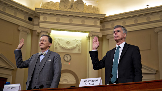 George Kent, deputy assistant US secretary of state, left, and Bill Taylor, acting US ambassador to Ukraine, prepare to give testimony on Wednesday.