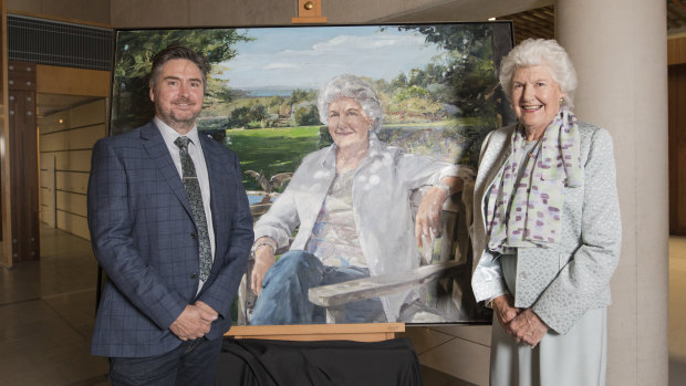 Tamie Fraser and artist Evert Ploeg with At Thurulgoona, unveiled at the National Portrait Gallery. 