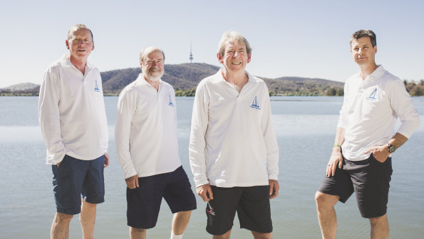 The Canberra contingent of the Pelagic Magic crew racing in the Sydney to Hobart.
From left, Navigator Pat Cotterill, crew Paul Jones, skipper Simon Dunlop, and crew Simon Chapple.