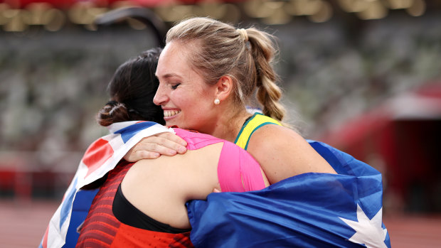 Kelsey-Lee Barber celebrates after winning a medal in the women’s javelin competition.