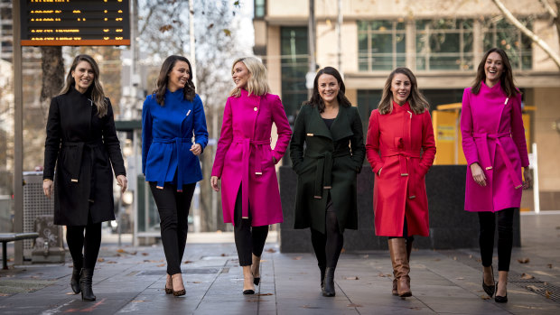 Cult coat ... (from left) journalists Sharnelle Vella, Estelle Griepink, Jacqui Felgate, Eliza Rugg, Laura Turner and Madeline Slattery are all fans of Ted Baker.