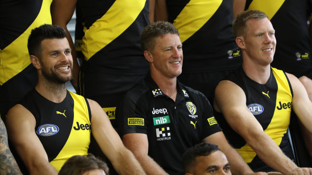 The Tigers in 2020: Trent Cotchin, coach Damien Hardwick and Jack Riewoldt.
