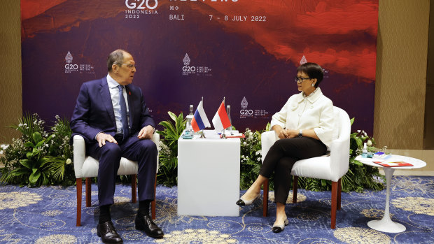 Russian Foreign Minister Sergei Lavrov meets his Indonesian counterpart, Retno Marsudi, at the G20 Foreign Ministers’ Meeting in Nusa Dua, Bali.