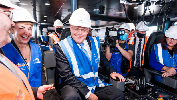 Prime Minister Scott Morrison and Attorney-General Michalia Cash (left) visit Austal Ships this week.