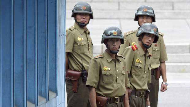 North Korean soldiers at the truce village of Panmunjom in the Demilitarized Zone.
