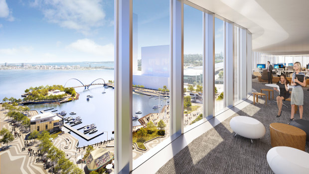 An artist's impression of the view from an office inside Brookfield's Chevron development at Elizabeth Quay.