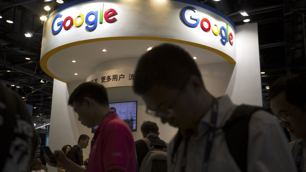 A booth for Google at the Global Mobile Internet Conference in Beijing last year. More than a dozen human rights groups this week sent a letter to Google urging the company not to offer censored internet search in China.