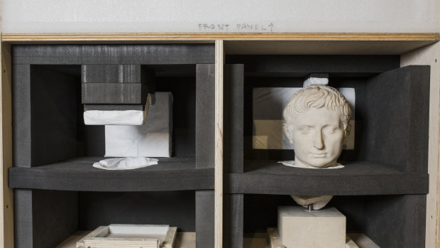 The statue of Augustus Caesar in its custom-made crate.