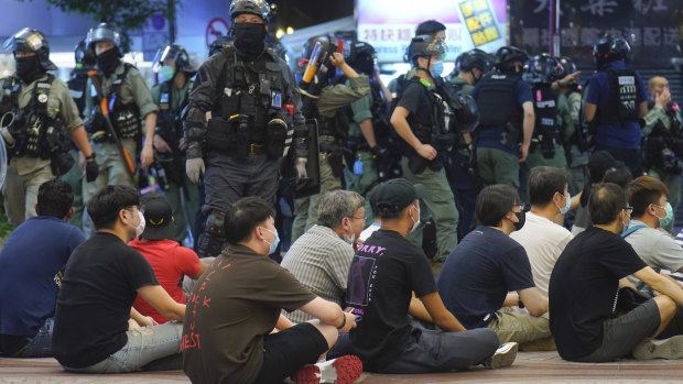 Hong Kong police detain people protesting against the new security law during a march last week.