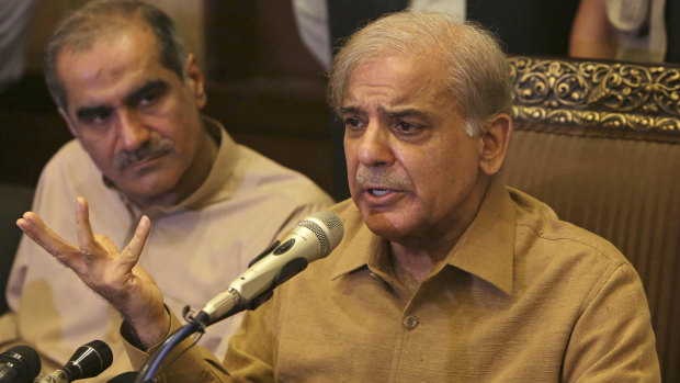 Shahbaz Sharif, brother of Pakistan's former prime minister Nawaz Sharif, who now heads the Pakistan Muslim League, addresses a news conference in Lahore.