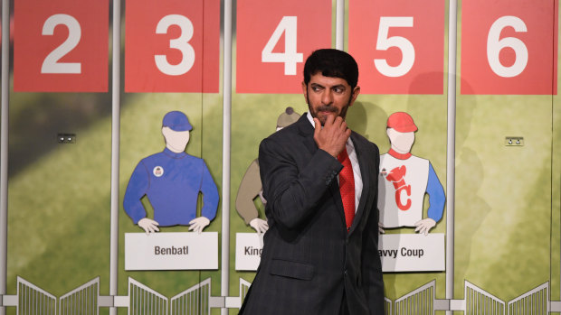 Big danger: Benbatl's trainer Saeed bin Suroor at the Cox Plate barrier draw.