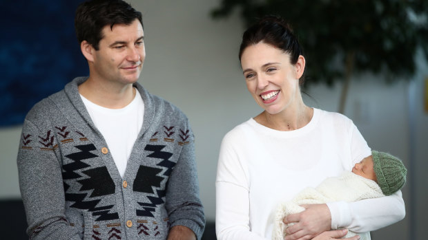 New Zealand Prime Minister Jacinda Ardern with fiancé Clarke Gayford and baby Neve.