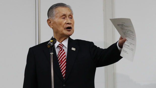 Yoshiro Mori speaking at a news conference in Tokyo on February 4.