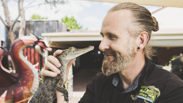 Peter Child, founder of and handler at Canberra Reptile Zoo, with Chopper the saltwater crocodile.