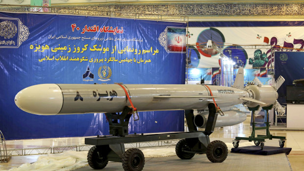 This picture released by the official website of the Iranian Defence Ministry on Saturday shows a Hoveizeh cruise missile at the Imam Khomeini grand mosque in Tehran, Iran. 