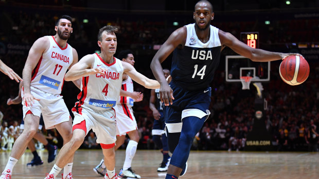 Khris Middleton of the USA with the ball during their Pre-FIBA World Cup series match against Canada at Qudos Bank Arena.