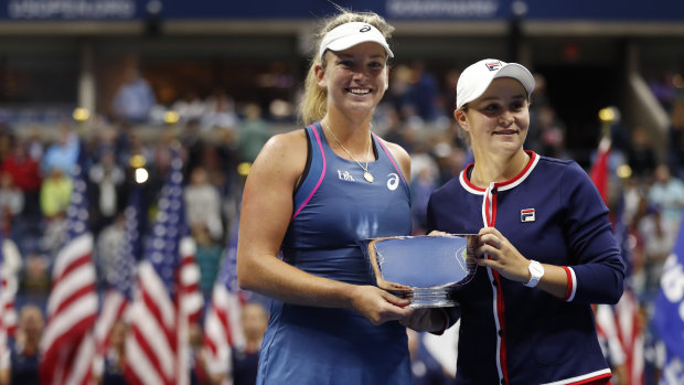 Barty (R) celebrates her maiden grand slam title earlier this year, the 2018 US Open women's doubles which she won with CoCo Vandeweghe. 