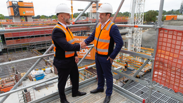 Geocon  managing director Nick Georgalis and Summer Housing chief executive Dan McLennan at the Republic building site in Belconnen where there will be 10  modified apartments for people with disabilities.