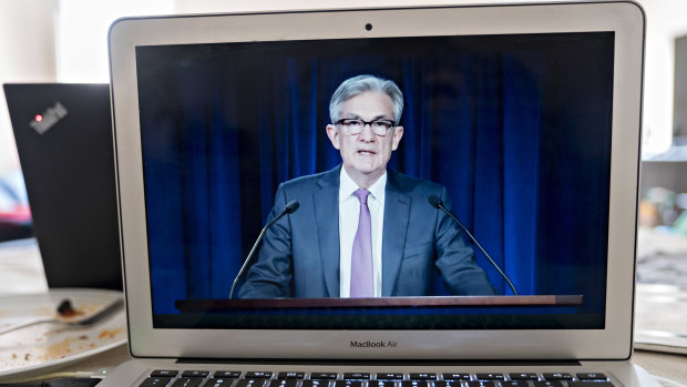 US Fed Chairman Jerome Powell speaking at an online news conference after the central bank said it would hold the benchmark interest rate near zero.