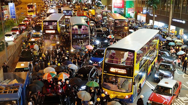 Protesters used barricades to block several roads at Causeway Bay in Hong Kong on Sunday night.