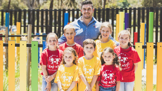 Feel the Magic founder and managing director James Thomas, with Canberra children. Rear from left: Madison Tanfara 8, Elijah Hickman 9, Audrey Hickman 11, and Sienna Tanfara 10. Front from left: Lottie Searle 5, Tom Searle 7, and Ava Tanfara, 5.