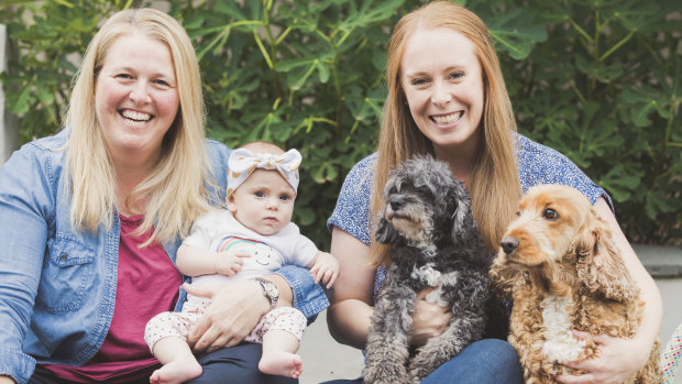 ACT Woman of the Year Emma Sckrabei, (left) with her partner Jess Cronin, their daughter Ava, almost five months, and their dogs Pearl and Lulu.