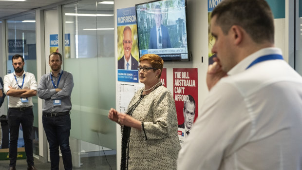 From left: Liberal campaign deputy directors Isaac Levido and Simon Berger, Liberal MP Marise Payne and campaign director Andrew Hirst.