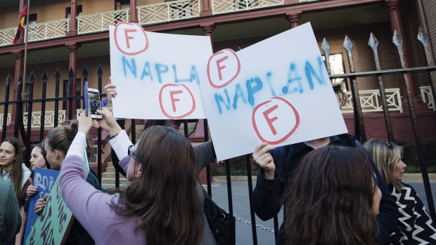 Students protest against the NAPLAN at NSW Parliament in Sydney last year.
