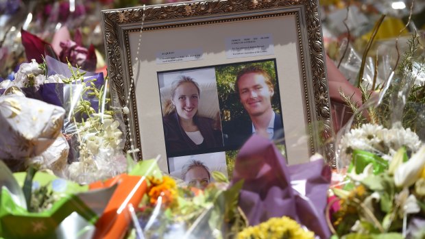 Memorial photographs of Katrina Dawson and Tori Johnson.